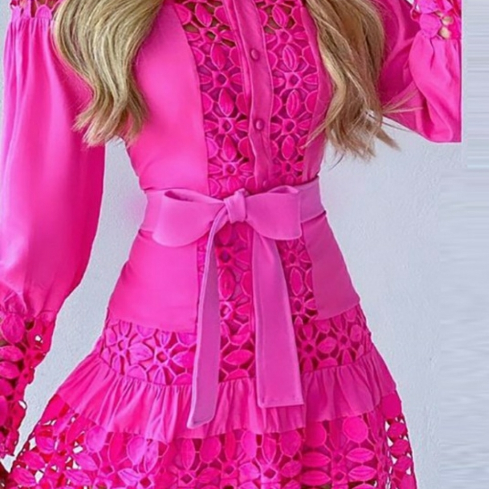 Puff sleeve button front hollow out lace dress